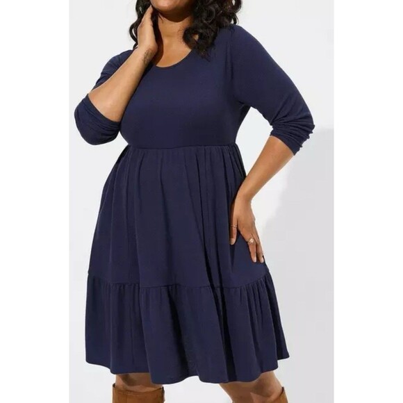 Torrid At The Knee Jersey Waffle Skater Dress Size 4X Navy Blue Tiered Crew Neck - Picture 3 of 12